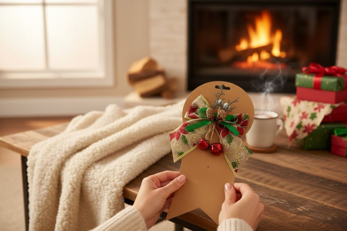 Fundita Decorativa Craciun Auriu Rosu – Conuri Naturale si Clopotei Metalici 17x15cm [3]