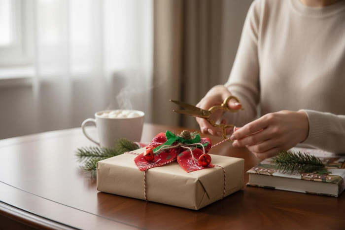 Fundita Decorativa Craciun Rosie – Conuri Naturale si Clopotei Metalici – Decor Usa Cadouri 17x15cm [3]