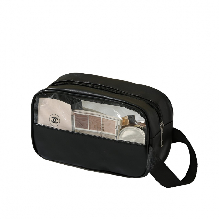 Geanta Cosmetice, , pentru Voiaj sau Organizare, Material PVC- Textil, Impermeabila, Portabila,22 x 12 x 8 cm, Negru [1]