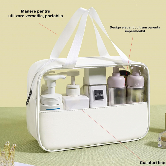 Geanta cosmetice , pentru voiaj sau organizare, material PVC/textil, impermeabila, portabila, 30x12x21 cm, alb [4]