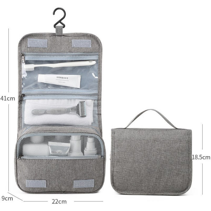 Geanta cosmetice voiaj, , material panza, impermeabil, 3 compartimente, cu agatatoare, Gri, 47 x 28 x 20   cm [6]