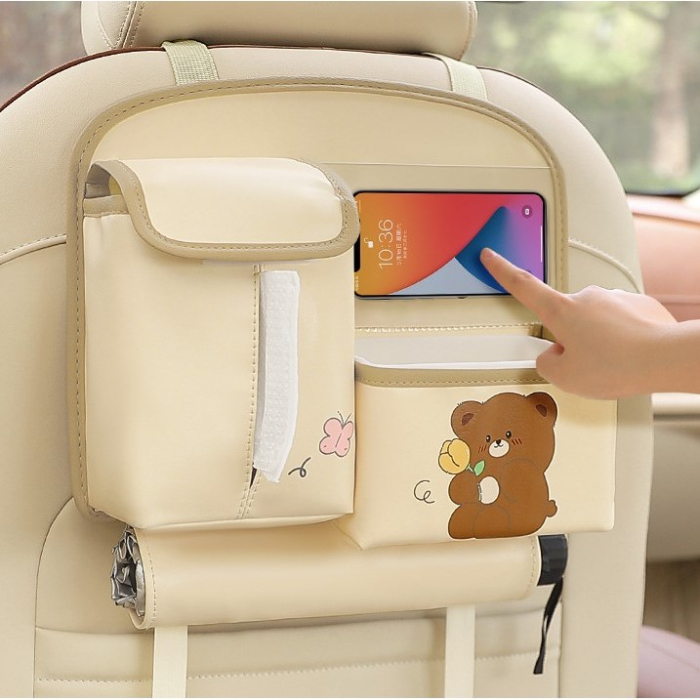 Geanta Multifunctionala de Depozitare, , pentru Bancheta din Spate a Masinii, Animat, Model Ursuleti, Scris Good Day, Suport Servetele si Telefon, 25x31 cm, Bej [4]