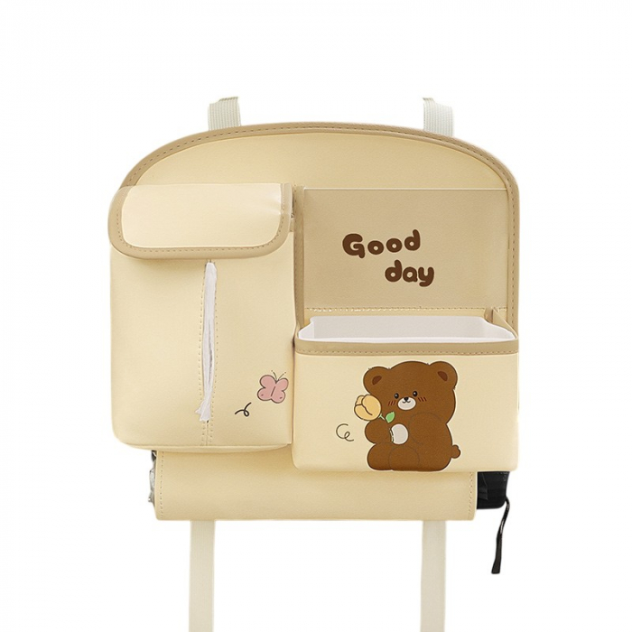 Geanta Multifunctionala de Depozitare, , pentru Bancheta din Spate a Masinii, Animat, Model Ursuleti, Scris Good Day, Suport Servetele si Telefon, 25x31 cm, Bej [1]