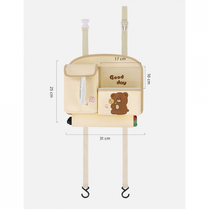 Geanta Multifunctionala de Depozitare, , pentru Bancheta din Spate a Masinii, Animat, Model Ursuleti, Scris Good Day, Suport Servetele si Telefon, 25x31 cm, Bej [6]