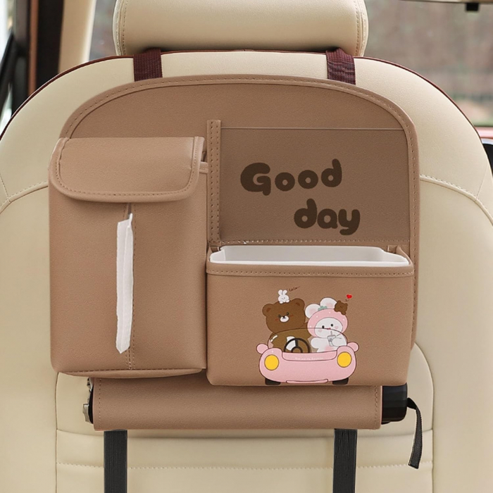 Geanta Multifunctionala de Depozitare, , pentru Bancheta din Spate a Masinii, Animat, Model Ursuleti, Scris Good Day, Suport Servetele si Telefon, 25x31 cm, Maro [3]