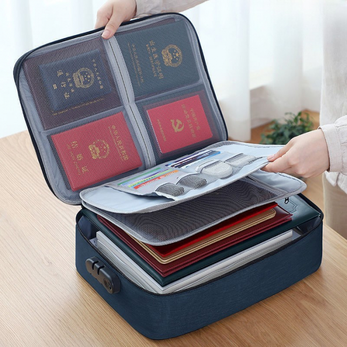 Geanta  pentru Depozitare Acte si Documente, Facturi, Carduri, cu Cod de Securitate, 2 Compartimente, Impermeabila, 37 x 10.5 x 27 cm, Albastru Marin [9]