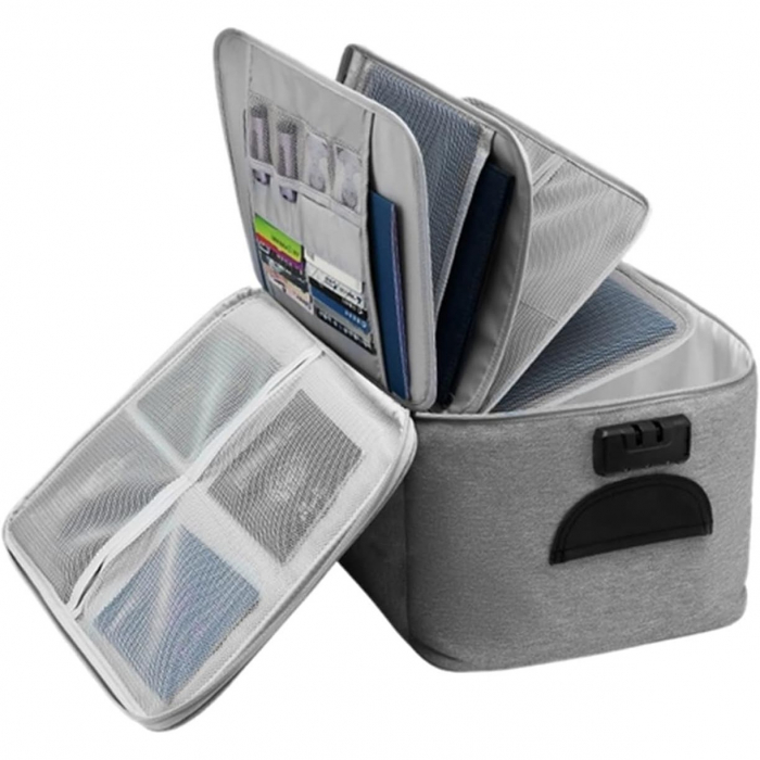 Geanta  pentru Depozitare Acte si Documente, Facturi, Carduri, cu Cod de Securitate, 5 Compartimente, Impermeabila, 37 x 20 x 27 cm, Gri [1]