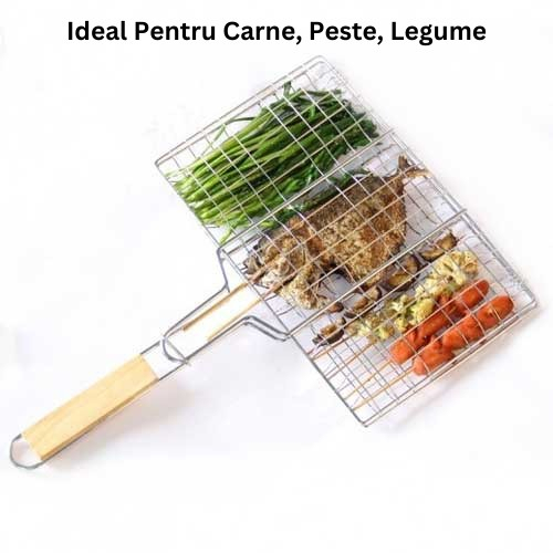 Gratar pentru Peste si Carne, , Suprafata Utila 32x19 cm, Otel Inoxidabil, cu Maner, Portabil, Argintiu [6]