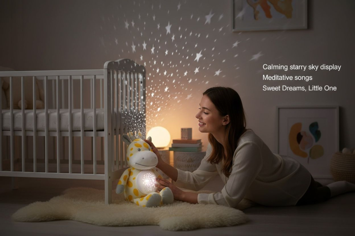 Jucarie de plus Girafa cu proiectie lumini si melodii pentru bebelusi, 26x20x14cm [2]