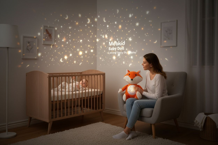 Jucarie de Plus Vulpe cu Proiectie Luminoasa si Sunete Linistitoare pentru Bebelusi, 26x20x14cm [2]