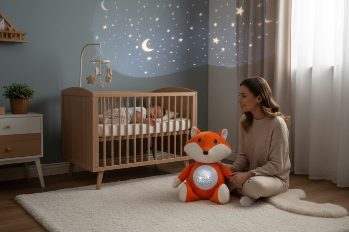 Jucarie de Plus Vulpe cu Proiectie Luminoasa si Sunete Linistitoare pentru Bebelusi, 26x20x14cm [3]