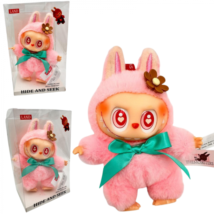 Labubu Plus Roz 18cm – Jucarie de Colectie Hide and Seek, in Costum Pufos cu Urechi de Iepuras, Fundita Verde si Floare, Editie Limitata in Cutie,  [2]