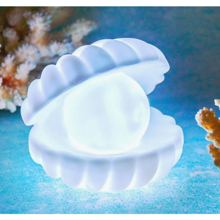 Lampa de Veghe, , Model Scoica cu Perla, Lumina Calda, 10 x 8.5 cm, Led, Baterii Incluse 3 x LR44, Alb [3]