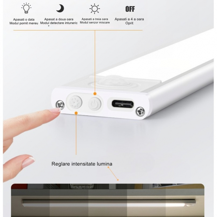 Lampa LED cu Senzor de Lumina si Miscare 20 cm , Intensitate Reglabila, Suport Magnetic, 34 LED-uri, 71.49lm , Acumulator 450mAh cu Reincarcare prin USB-C, pentru Bucatarie, Hol, Dressing, Garaj [3]