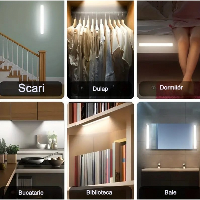 Lampa LED cu Senzor de Lumina si Miscare 20 cm , Intensitate Reglabila, Suport Magnetic, 34 LED-uri, 71.49lm , Acumulator 450mAh cu Reincarcare prin USB-C, pentru Bucatarie, Hol, Dressing, Garaj [5]