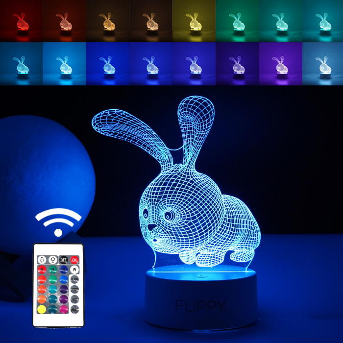 Lampa LED decorativa, , 3D, Iepure, cu USB si baterii, 20 cm inaltime, din material acril, lumina multicolora si telecomanda inclusa, alb [1]