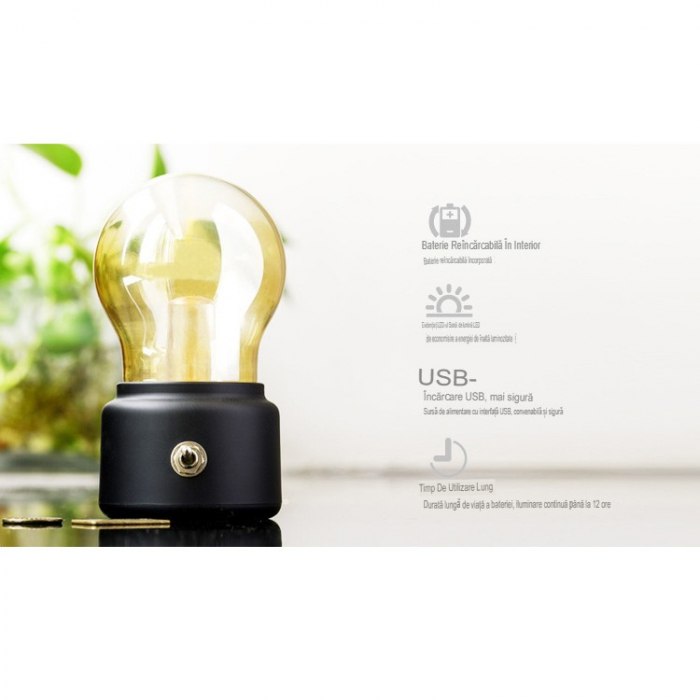 Lampa LED Decorativa sub forma de Bulb, Retro pentru interior, Negru/ Transparent, 5 V, 500 mA, ABS, Lumina Calda, Incarcare USB, Autonimie 12 Ore, Comutator Metalic, , 11x7x6 cm [5]