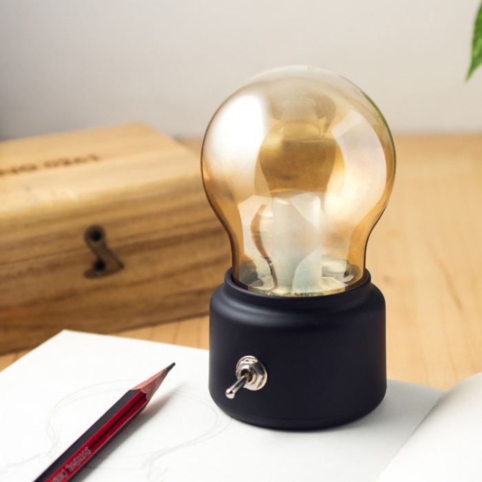 Lampa LED Decorativa sub forma de Bulb, Retro pentru interior, Negru/ Transparent, 5 V, 500 mA, ABS, Lumina Calda, Incarcare USB, Autonimie 12 Ore, Comutator Metalic, , 11x7x6 cm [6]