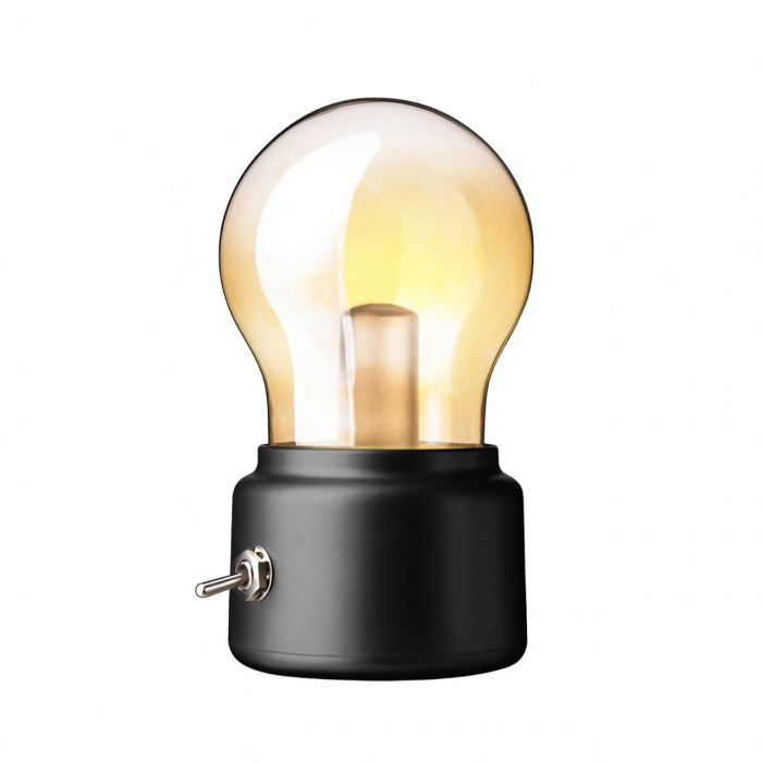 Lampa LED Decorativa sub forma de Bulb, Retro pentru interior, Negru/ Transparent, 5 V, 500 mA, ABS, Lumina Calda, Incarcare USB, Autonimie 12 Ore, Comutator Metalic, , 11x7x6 cm [1]