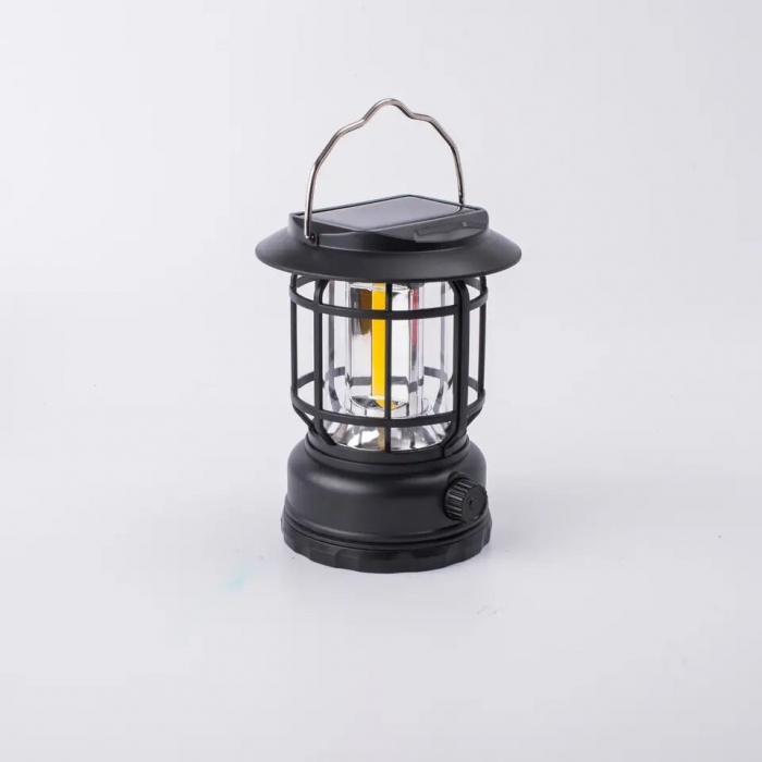 Lampa portabila camping, Felinar Vintage, ABS, Iluminare 30 COB LED, Intensitate reglabila, Acumulator inclus, Incarcare Solara si USB, 5W, , Negru [3]