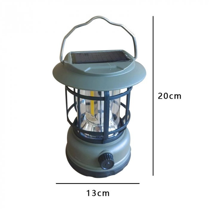 Lampa portabila camping, Felinar Vintage, ABS, Iluminare 30 COB LED, Intensitate reglabila, Acumulator inclus, Incarcare Solara si USB, 5W, , Verde [2]