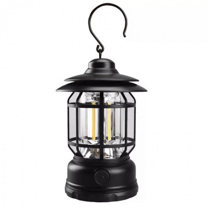 Lampa portabila camping, Felinar Vintage cu carlig, ABS, Iluminare 21 COB LED, Intensitate reglabila, 5W, , Negru [1]
