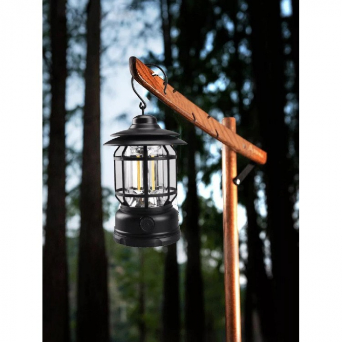 Lampa portabila camping, Felinar Vintage cu carlig, ABS, Iluminare 21 COB LED, Intensitate reglabila, 5W, , Negru [2]