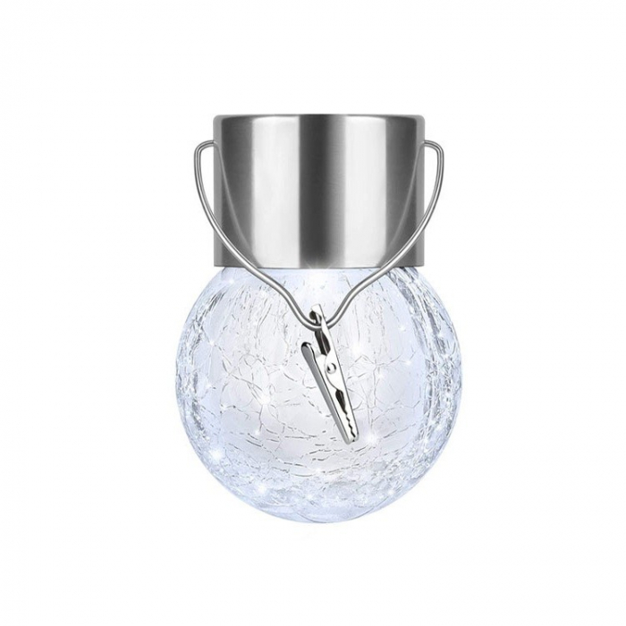 Lampa Solara , LED, Tip Candelabru Mic, Cu Bila Din Sticla Crapata, Exterioara, Impermeabila, Iluminare 6-12 H, Alb [1]