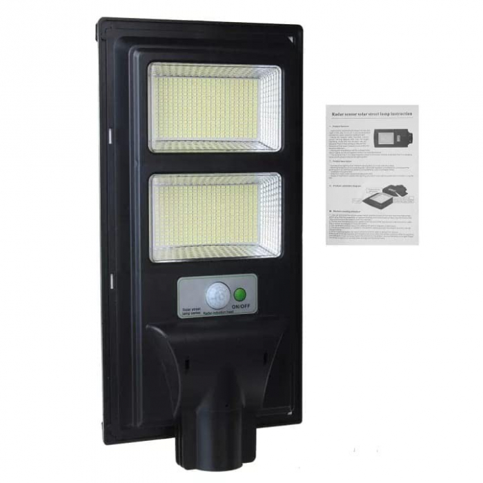 Lampa solara stradala , cu suport de prindere si telecomanda, senzor de miscare si lumina, 96 LED-uri, IP65, ABS, 5AH, 100W, temperatura culoare 6500K, 37.8x18.8x5 cm, autonomie 10-12 ore, negru [1]
