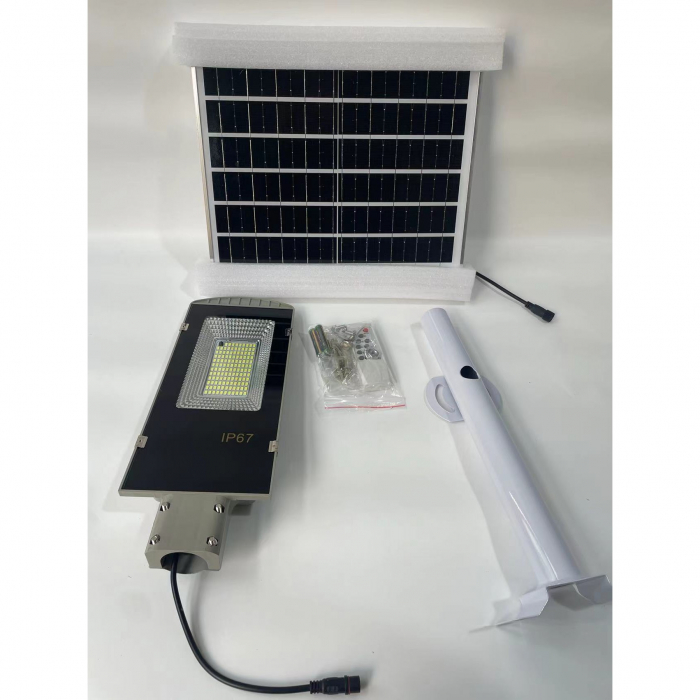 Lampa solara stradala , IP65, senzor de lumina, 100 LED-uri SMD, 7200 lm, panou 12W, putere 80W, autonomie 12-16 ore, telecomanda, montare prin fixare, pentru strada sau gradina, finisaj lucios, mater [11]