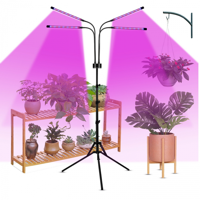 Lampa UV pentru cresterea plantelor, , 4 capete, putere 30W, 108 LED-uri Lampa cu lumina Ultra-Violet, Lampa cu Picior Ajustabil pana la 2 m, Lumina UV Mov [3]