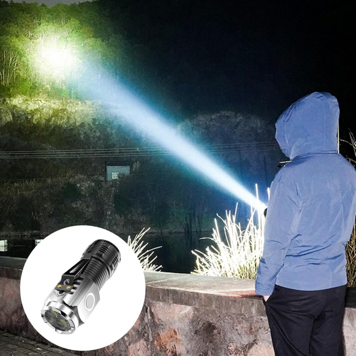 Lanterna cu 3 Nuclee Led, , Incarcare USB, Autonomie 4-20h, Raza Maxima 100-200 m, 5W, 4 x 4 x 9 cm, Suport de Agatat, Fund Magnetic, Argintiu [5]