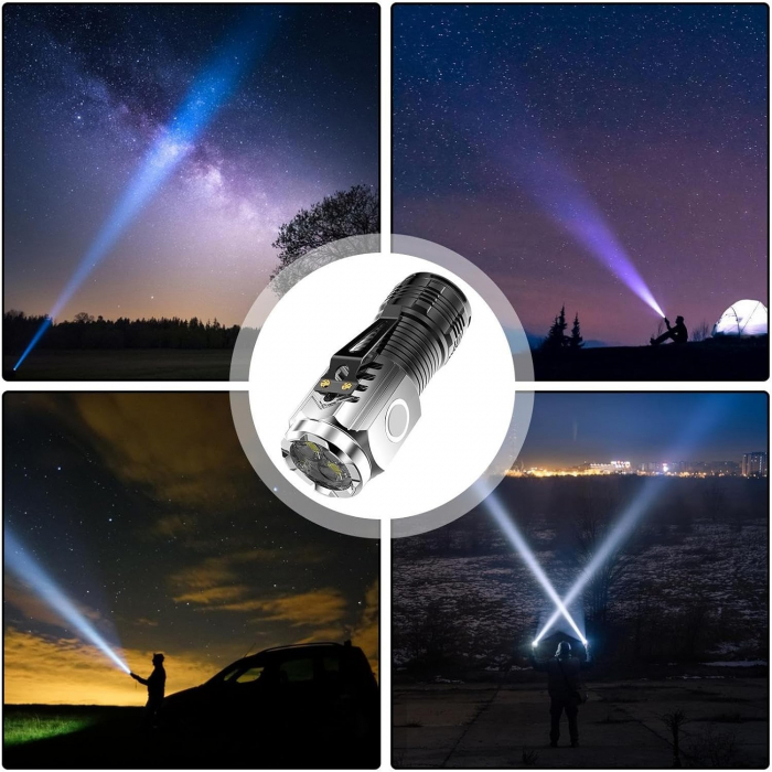 Lanterna cu 3 Nuclee Led, , Incarcare USB, Autonomie 4-20h, Raza Maxima 100-200 m, 5W, 4 x 4 x 9 cm, Suport de Agatat, Fund Magnetic, Argintiu [4]