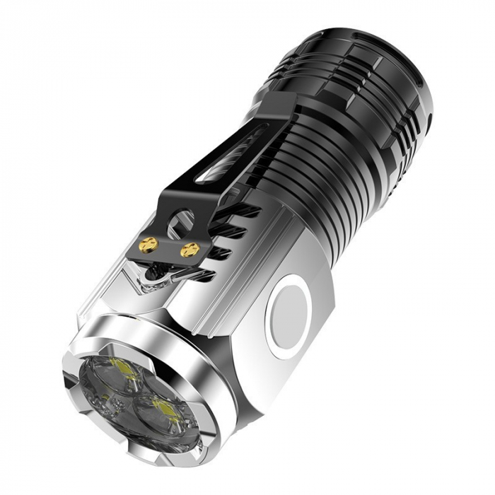 Lanterna cu 3 Nuclee Led, , Incarcare USB, Autonomie 4-20h, Raza Maxima 100-200 m, 5W, 4 x 4 x 9 cm, Suport de Agatat, Fund Magnetic, Argintiu [1]