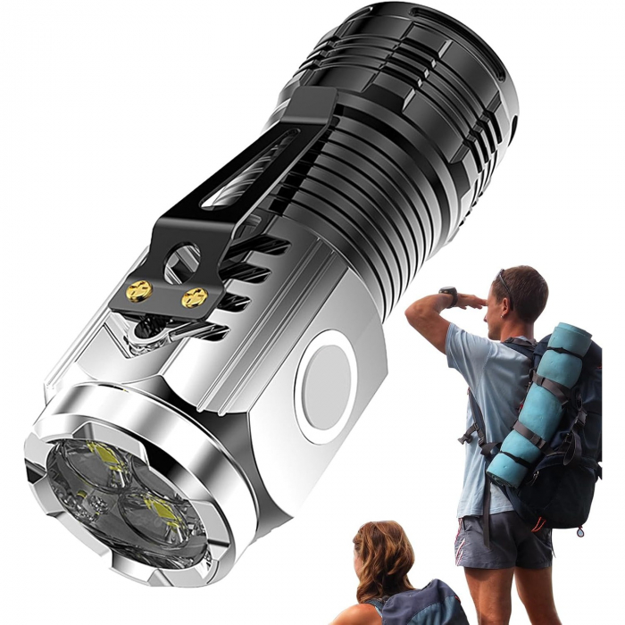 Lanterna cu 3 Nuclee Led, , Incarcare USB, Autonomie 4-20h, Raza Maxima 100-200 m, 5W, 4 x 4 x 9 cm, Suport de Agatat, Fund Magnetic, Argintiu [6]