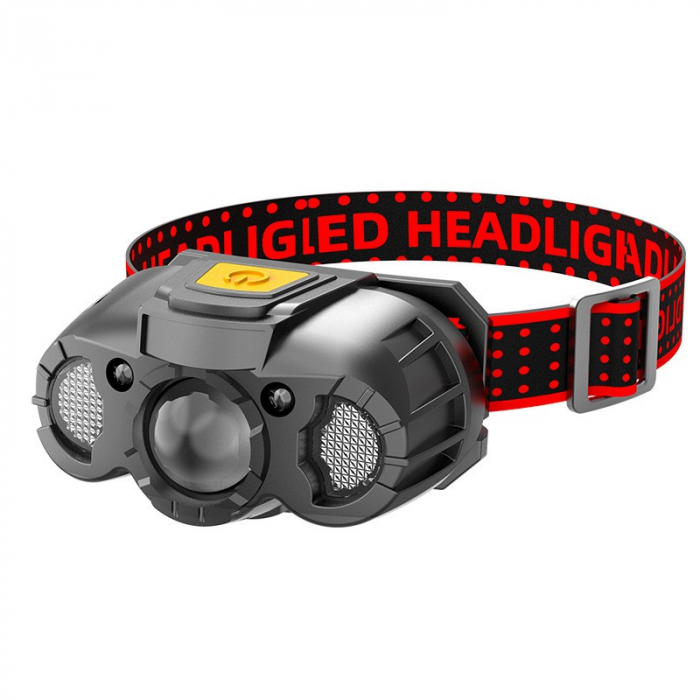 Lanterna LED de Cap, , cu Suport Inclus, Incarcare USB Tip C, Raza 100-200m, 5W, 6 Trepte de Lumina, 400 mAh, Gri [1]