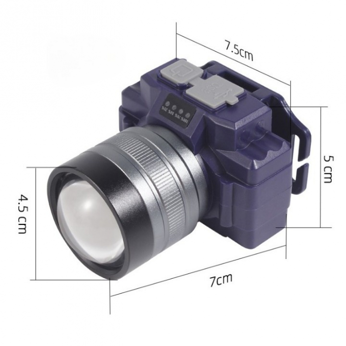 Lanterna LED de Montat pe Cap, , cu Raza Lunga de Zoom, Far Telescopic, Reglabil, Rezistent la Apa, pentru Pescuit in Aer Liber, Camping, Lumina Puternica, Lanterna, 7.5x5x7 cm, Albastru [7]