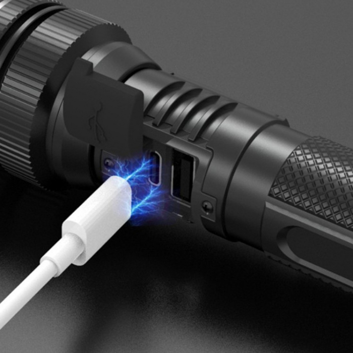 Lanterna LED Lumina Alba, , Lanterna cu Zoom Telescopic, Baterie externa, din Aluminiu + ABS, 1800 mAh, 17 x 4 x 3 cm, Negru [4]