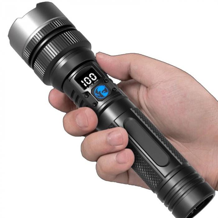 Lanterna LED Lumina Alba, , Lanterna cu Zoom Telescopic, Baterie externa, din Aluminiu + ABS, 1800 mAh, 17 x 4 x 3 cm, Negru [5]