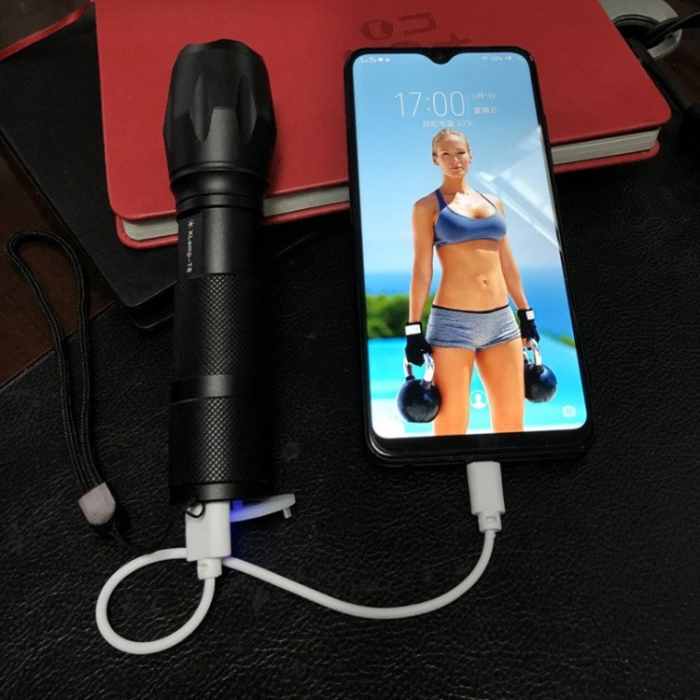 Lanterna Power Bank LED, , Incarcare USB, Raza 300m, 5W, Model T9 Telescopic 14.7 -15.7 cm, Functie Zoom si Incarcare Telefon, Negru [4]