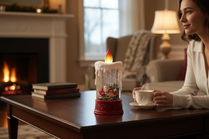 Lumanare decorativa Craciun cu lumini LED si colinde, efect ninsoare, baterii si acumulator, 28x15x11cm [3]