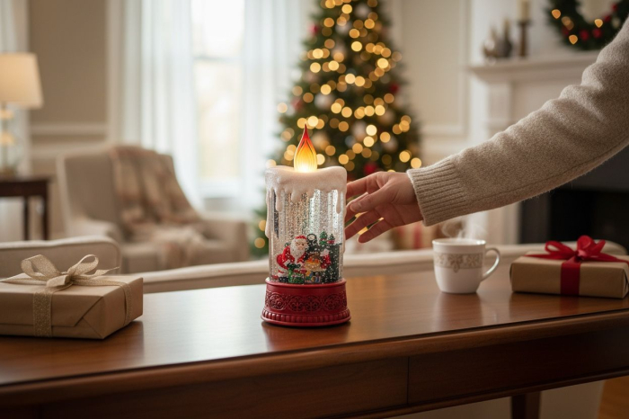 Lumanare decorativa Craciun cu lumini LED si colinde, efect ninsoare, baterii si acumulator, 28x15x11cm [2]