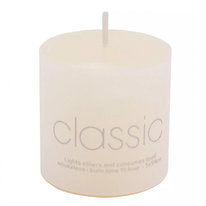Lumanare Decorativa, , din Parafina, Cilindrica, Fara Fum si Fara Parfum, 5 x 5 cm, 90 g, Ardere 12h, Ivory Alb [1]
