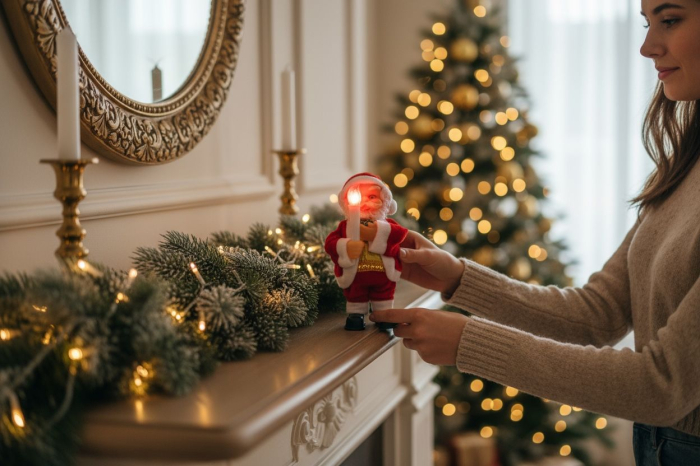 Mos Craciun muzical cu lumanare luminoasa – figurina decorativa Craciun, 17cm [2]