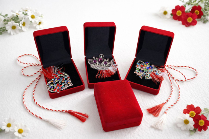 Set 9 brose martisor elegante, in cutii rosii clasice – modele florale si fluturi [3]