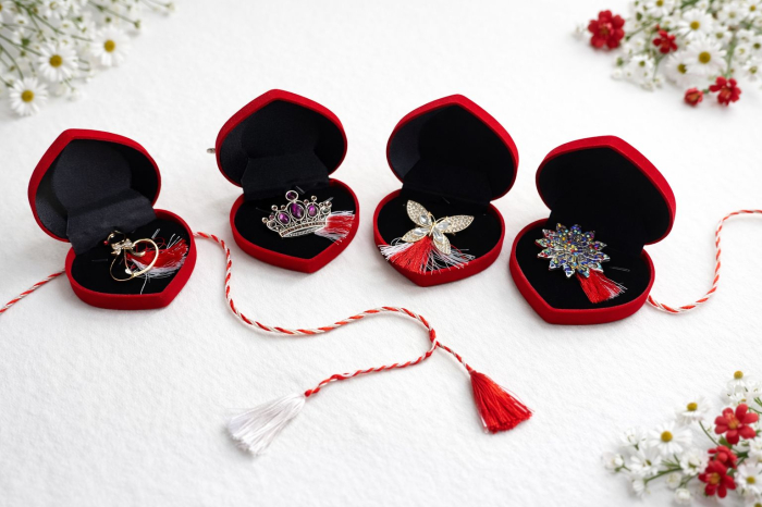 Set 9 brose martisor elegante, in cutii rosii in forma inima – modele florale si fluturi [2]