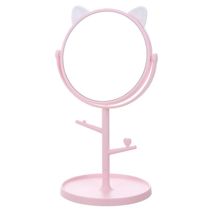 Oglina Cosmetica cu Picior, , HD, Rotire 360 Grade, 15 cm Diametru, Suport Bijuterii Baza Rotunda + 2 Brate, Model cu Urechi, 31 x 14.5 x 15 cm, din Plastic, Roz/Alb [1]