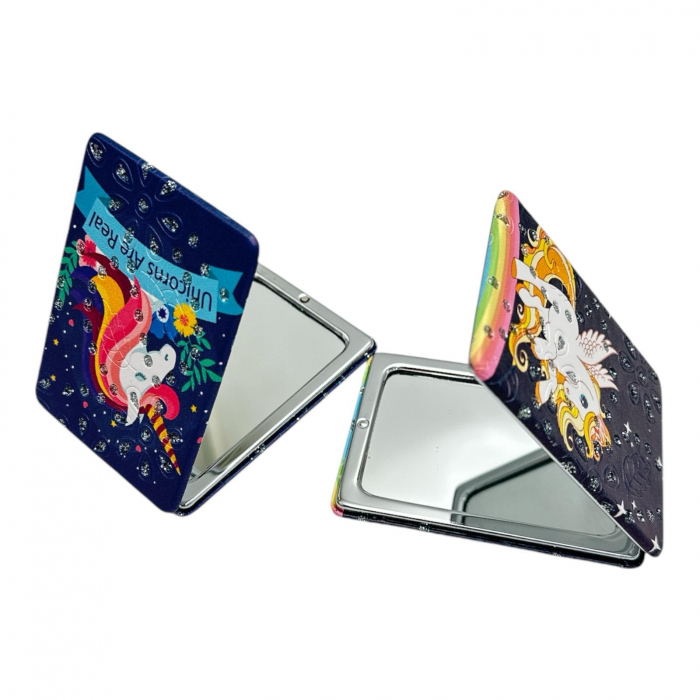 Oglinda compacta dreptunghiulara de poseta cu Unicorn Dragalas colorat – accesoriu magic pentru retusuri rapide,  [3]