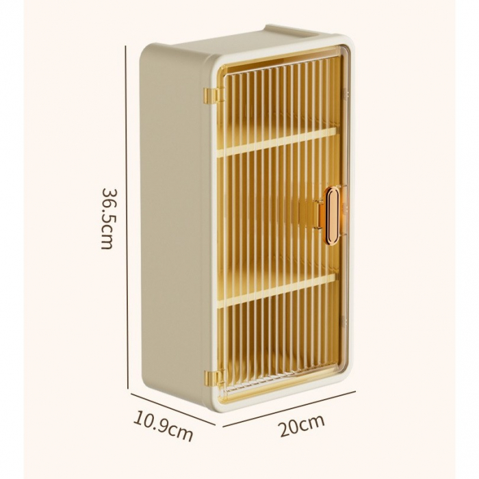 Organizator Cosmetice, , Montare pe Perete fara Perforare, 36.5x10.9x20 cm, cu 3 Rafturi, din PP si ABS, Bej, Usa Transparenta [3]