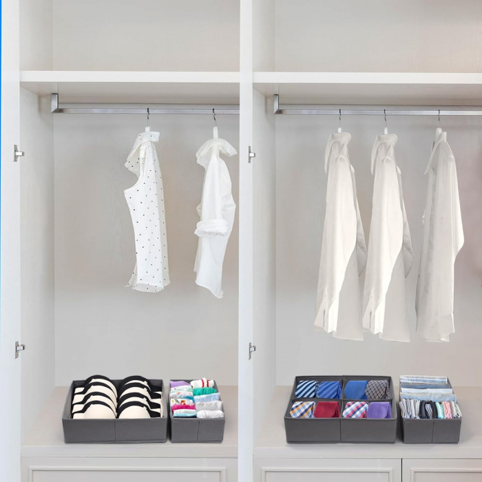 Organizator pentru Sertar, , 3 Marimi, pentru Lenjerie, Tricouri, Sosete, 6 Piese, Pliabil, Stivuibil, din Tesatura, Gri [3]